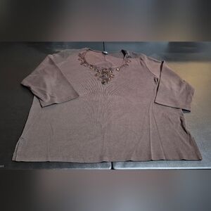 Rafaella Brown Scoop Neck Long Sleeve Top with Embellished Neckline